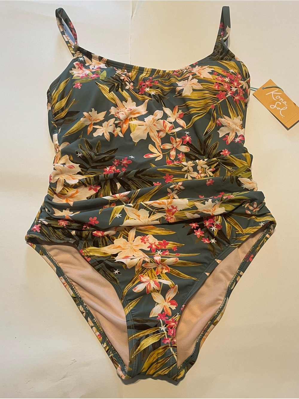 Kona Sol Floral Ruched One-Piece Swimsuit - Dark Green